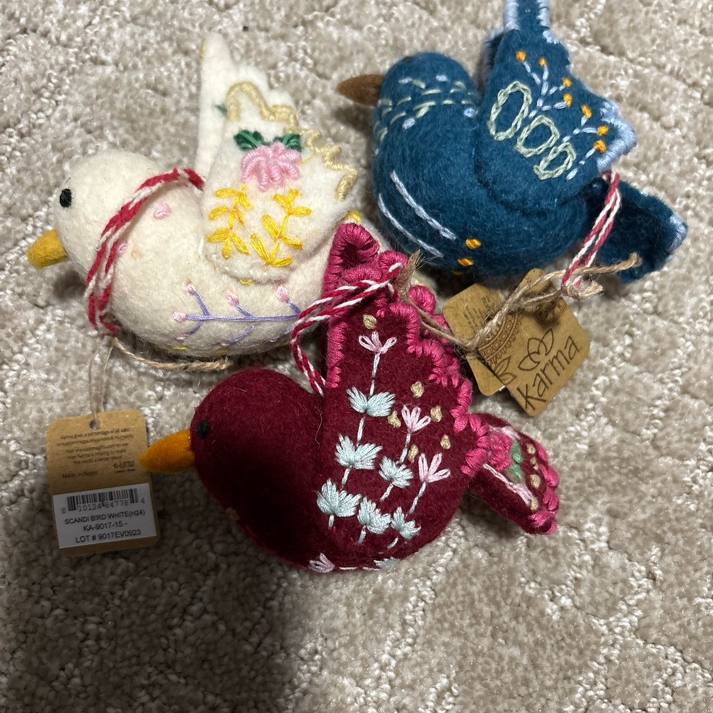 Karma Felted Scandi Boho Birds Christmas Ornaments (3) Red White Blue 100% Wool